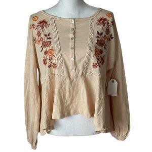 coco + jaimeson embroidered floral cream/pink longsleeve peplum blouse NWT